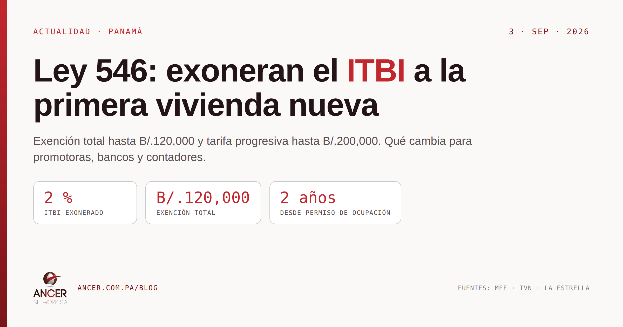 Ley 546: Panamá exonera el ITBI a la primera vivienda nueva hasta B/.120,000