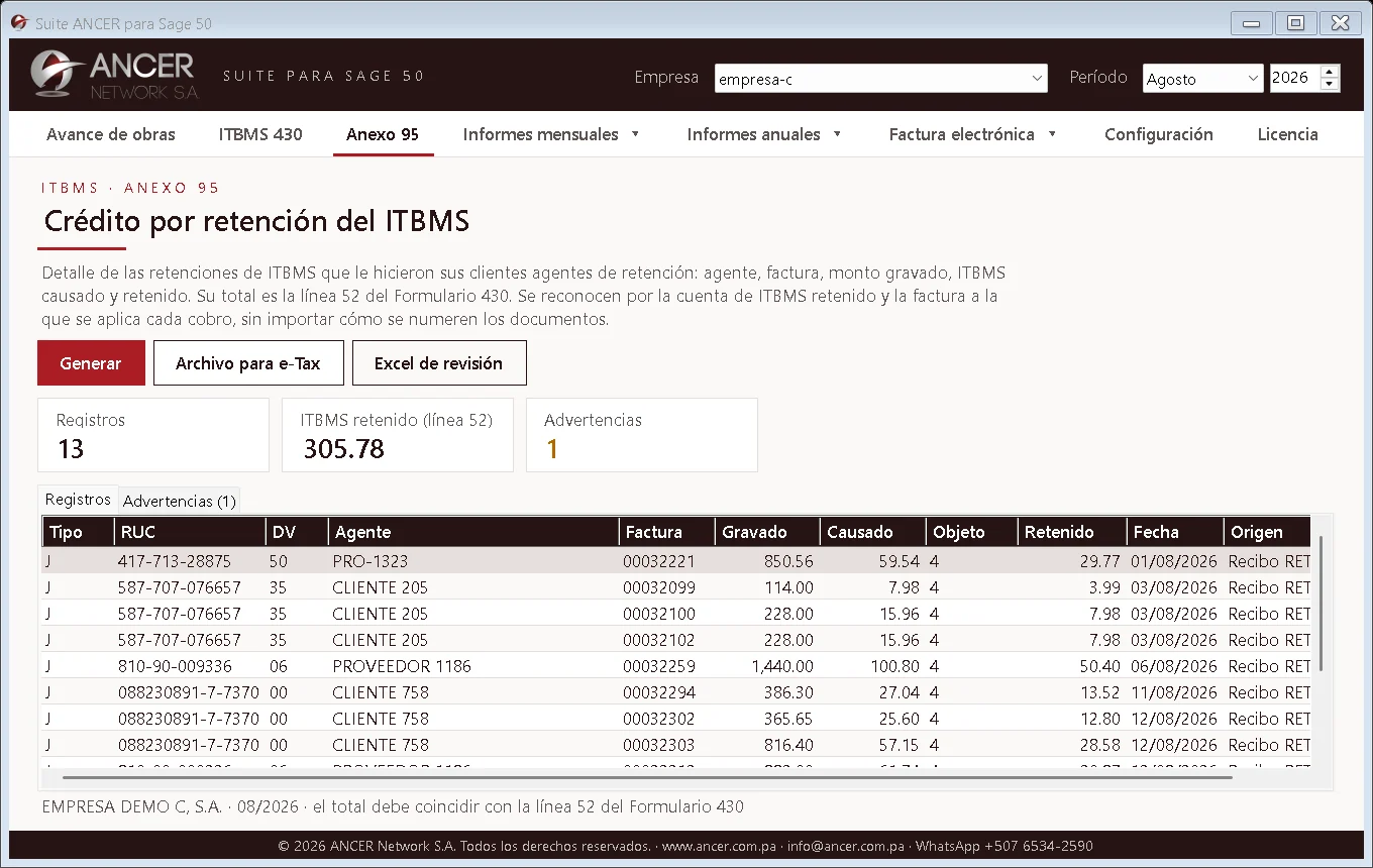 Anexo 95 · Retenciones: Las retenciones de ITBMS que te hicieron tus clientes, listas para la línea 52 del 430.