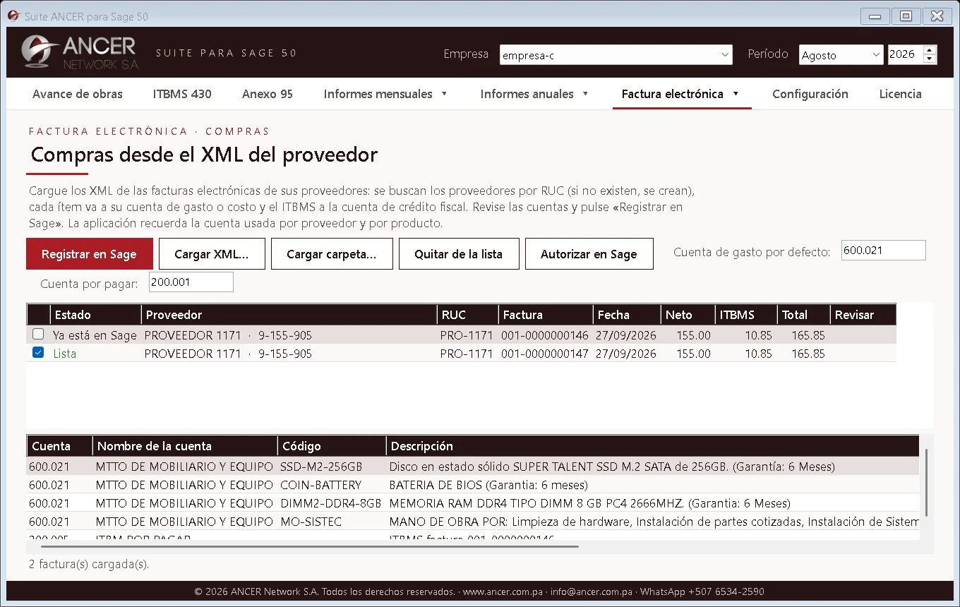 Compras desde el XML: Carga las facturas electrónicas de tus proveedores y regístralas en Sage con sus cuentas e ITBMS.