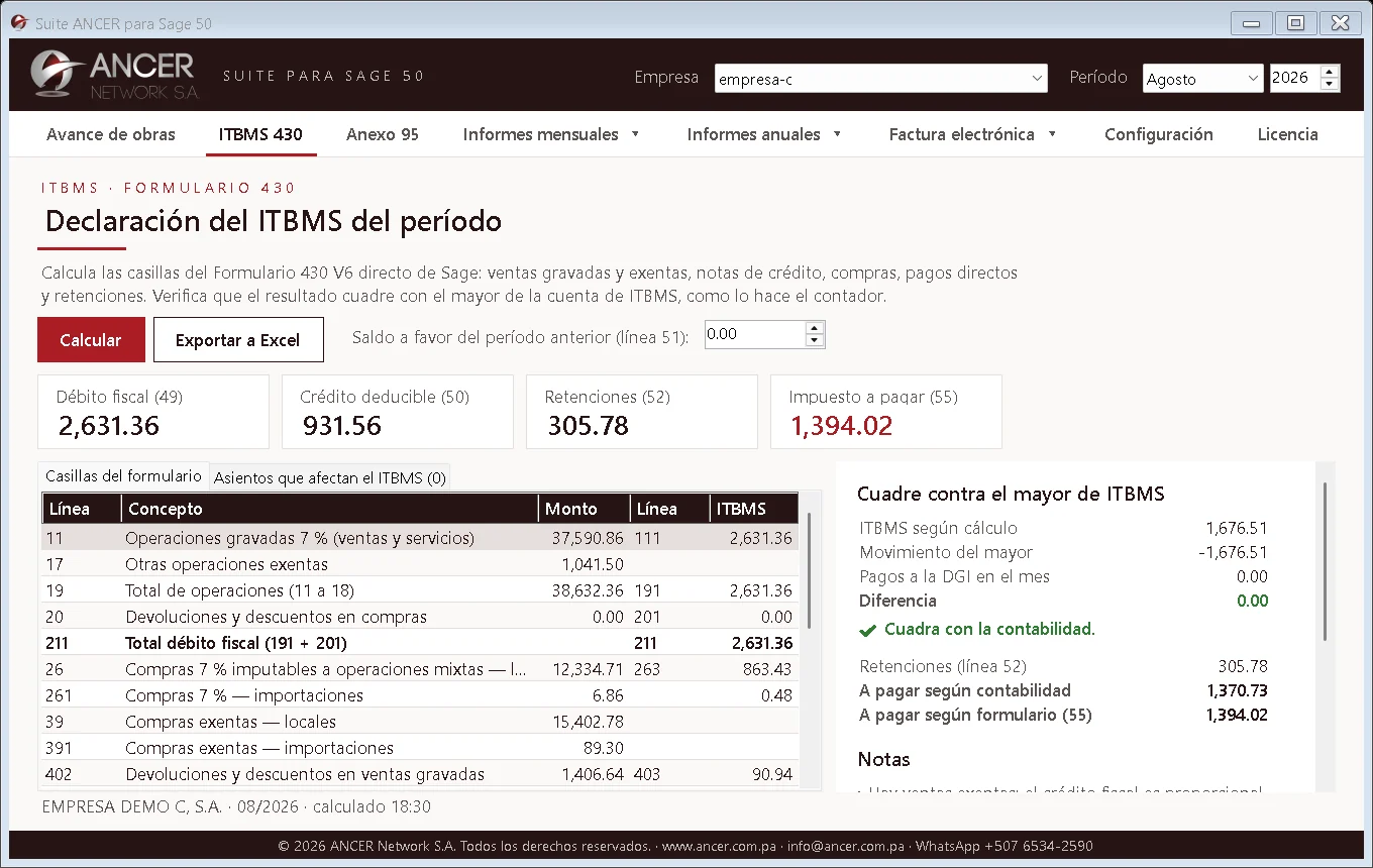 Formulario 430 de ITBMS en la Suite ANCER para Sage 50