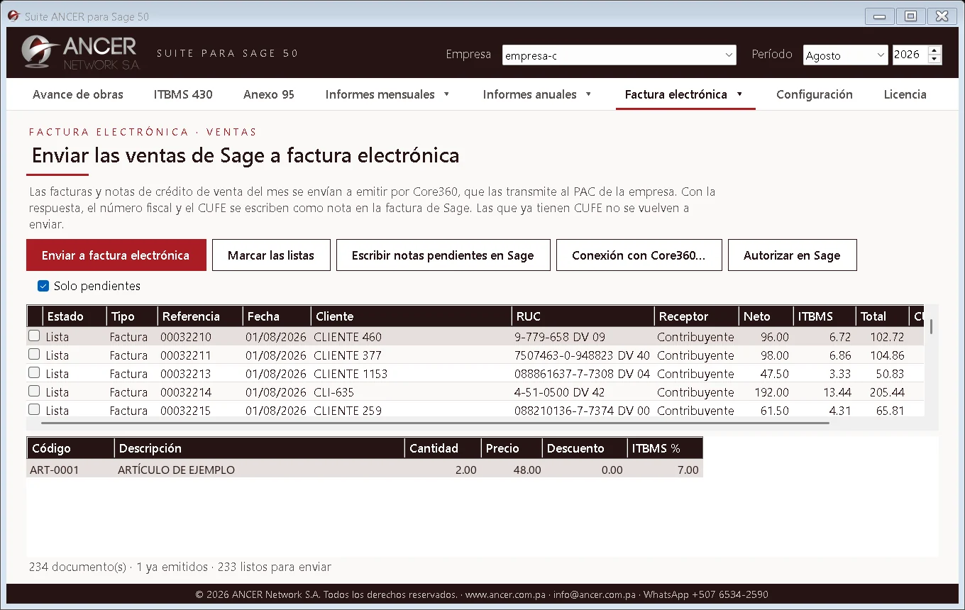 Ventas a factura electrónica: Envía las facturas de Sage al PAC y guarda el número fiscal y el CUFE como nota en cada factura.